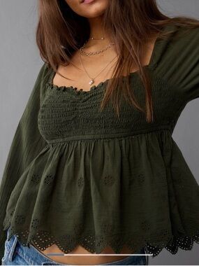 American Eagle Dark Olive Smocked Peplum Top - Women